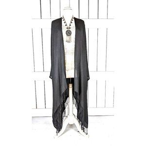 Black solid pashmina kimono cover up fringe jacket